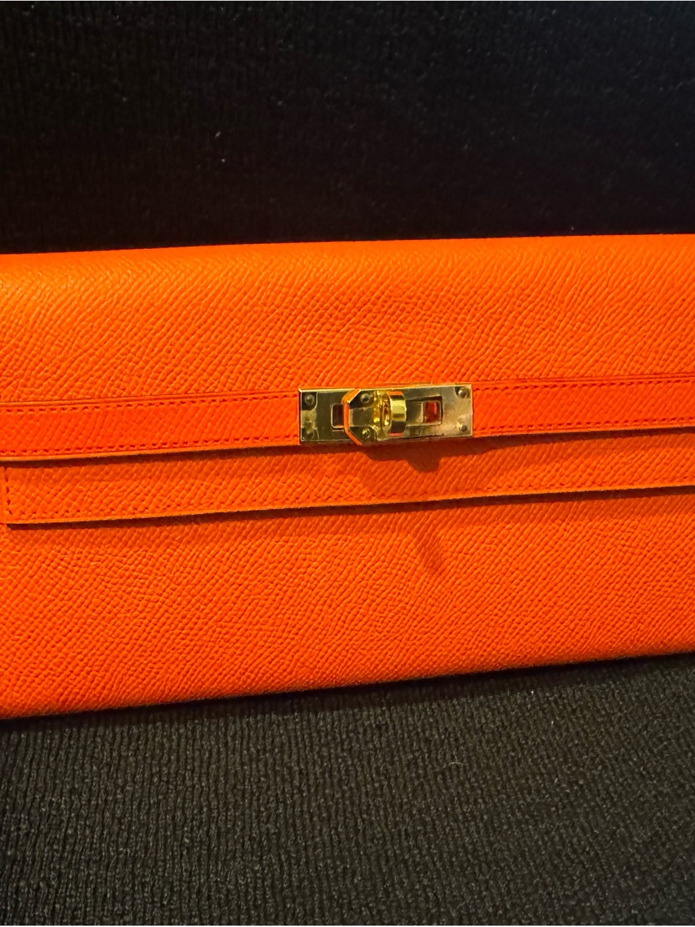 Hermes Orange Leather Kelly-Style Clutch with Gold Hardware